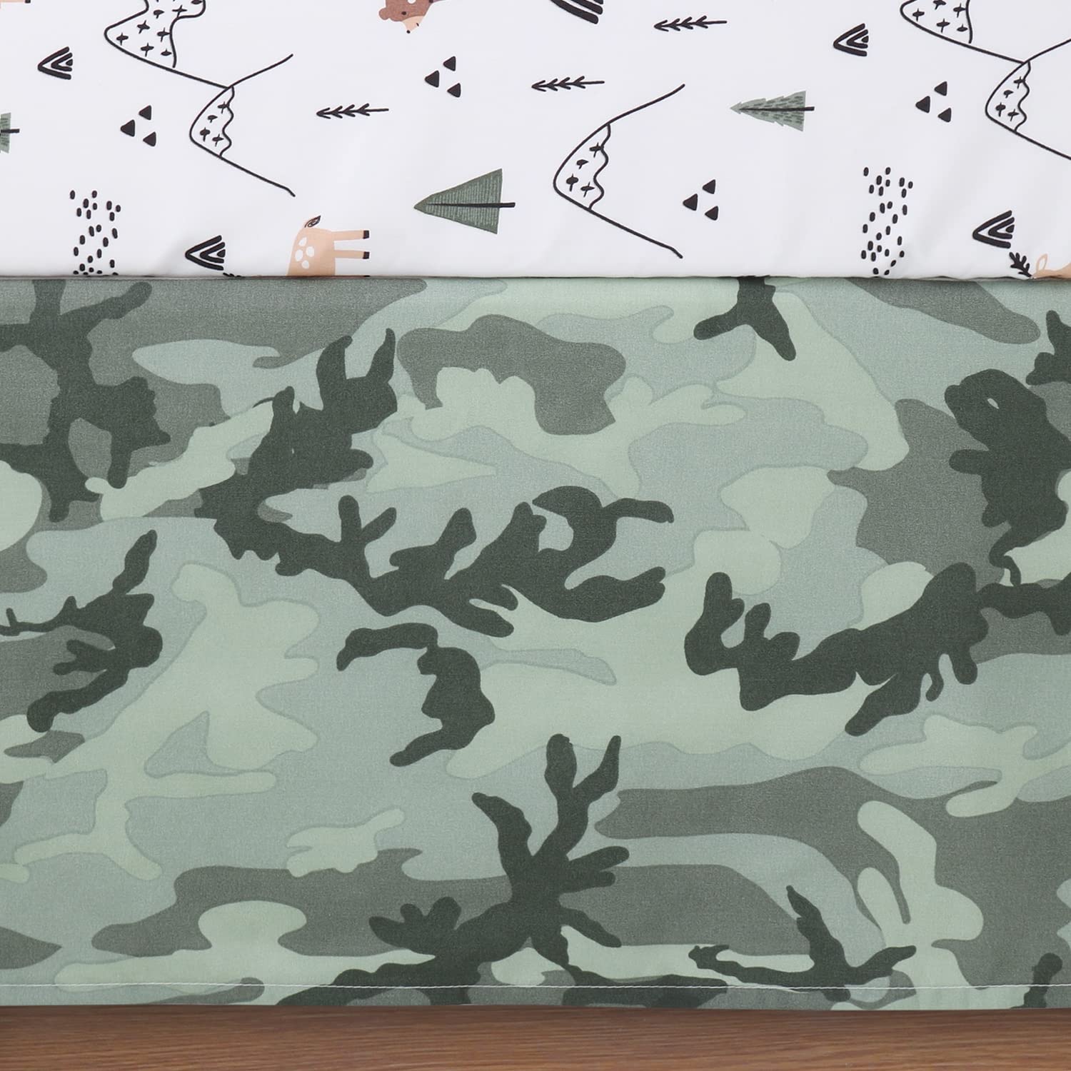 The Peanutshell woodland camo nursery setup showcases coordinated bedding for a playful room.