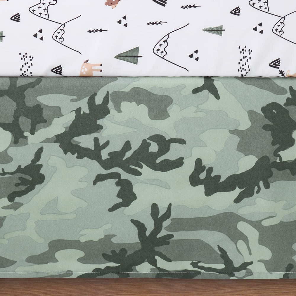 The Peanutshell woodland camo nursery setup showcases coordinated bedding for a playful room.