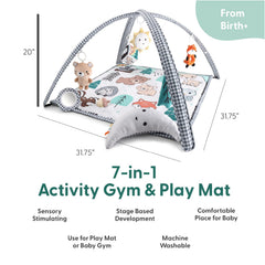 The Peanutshell Woodland deer toy on the play gym invites visual tracking and sensory delight.