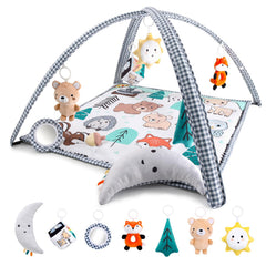The Peanutshell Woodland fox toy on the play gym promoting reaching and sensory play.