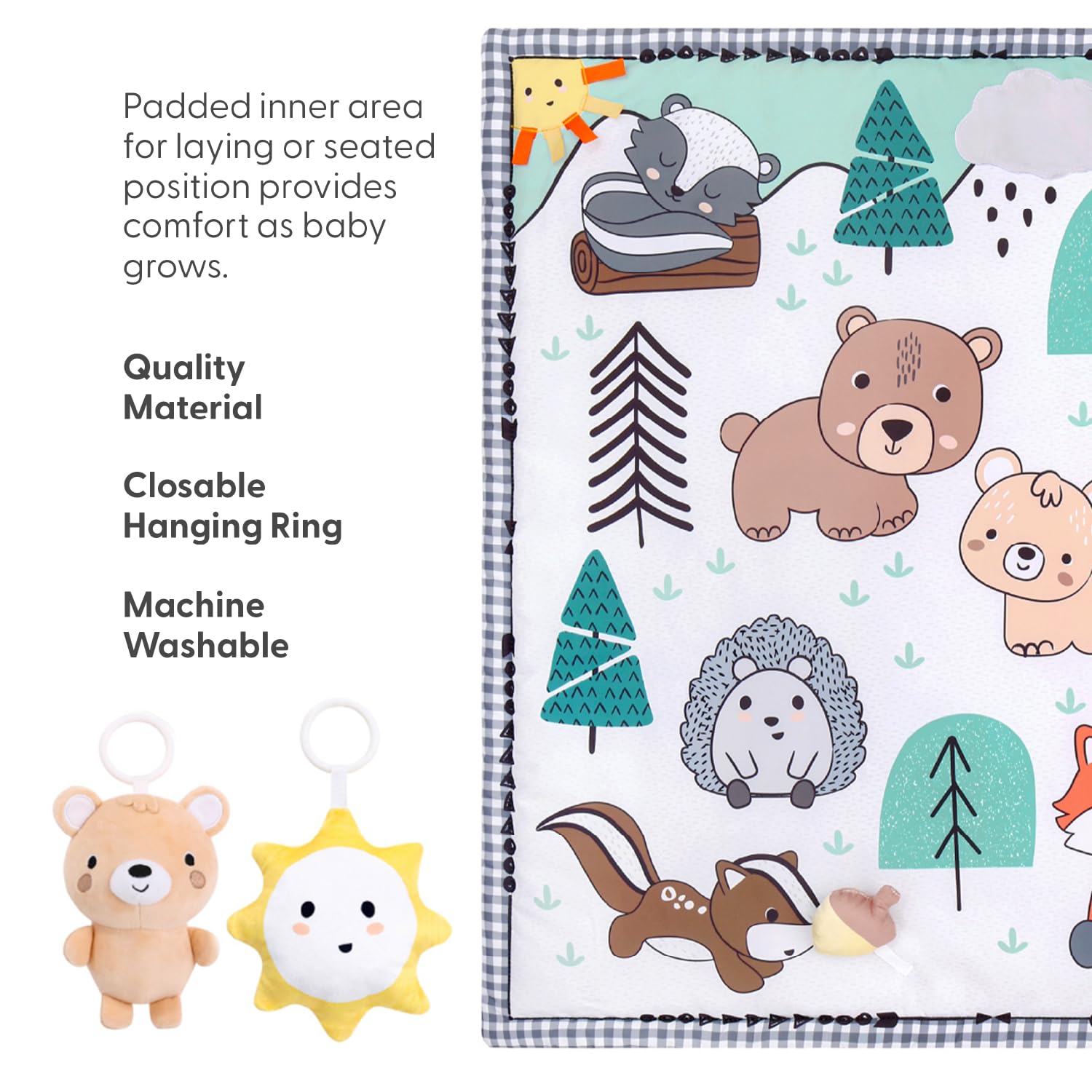 The Peanutshell Woodland hedgehog toy on the play gym stimulates tactile exploration.