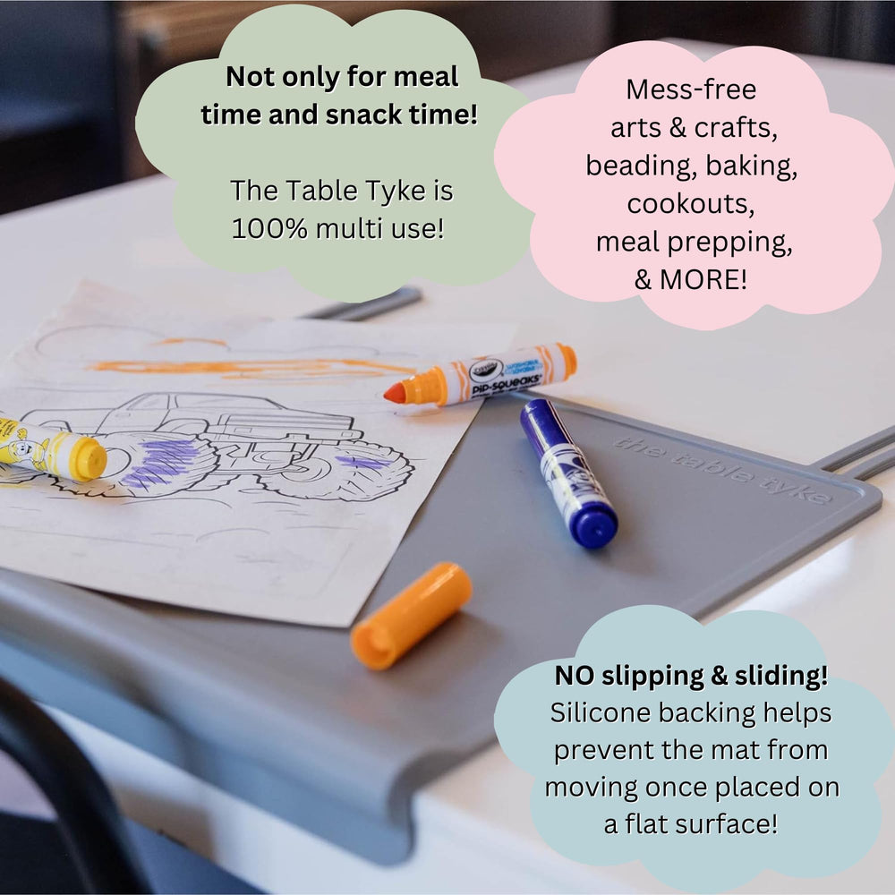 The Table Tyke play-dough area stays contained on the mat for messy fun