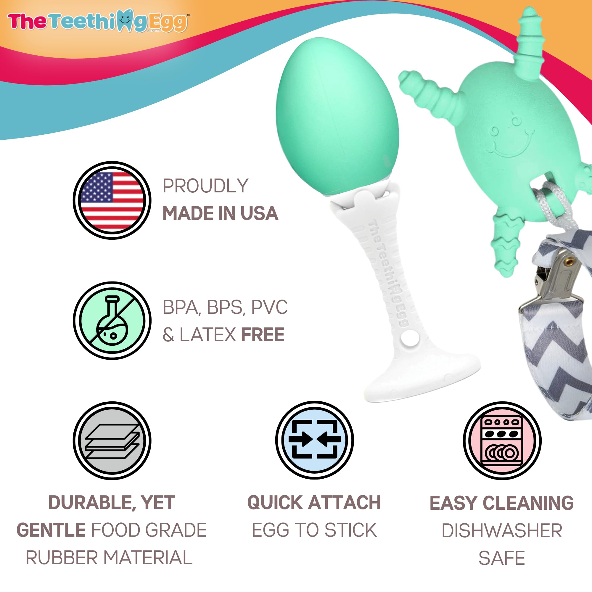 The Teething Egg bundle includes a clip to keep toys within reach.