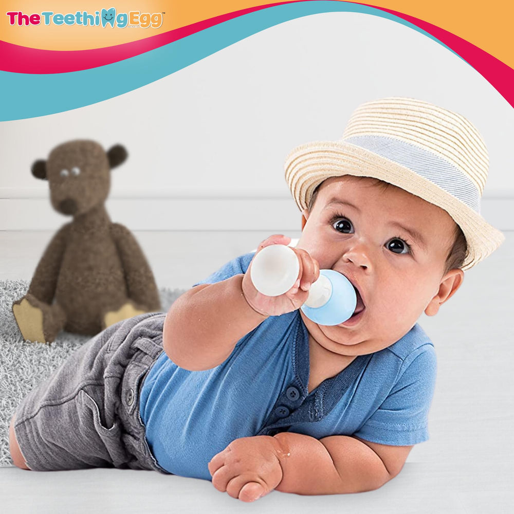 The Teething Egg Grippie Stick included enhances grip for tiny hands