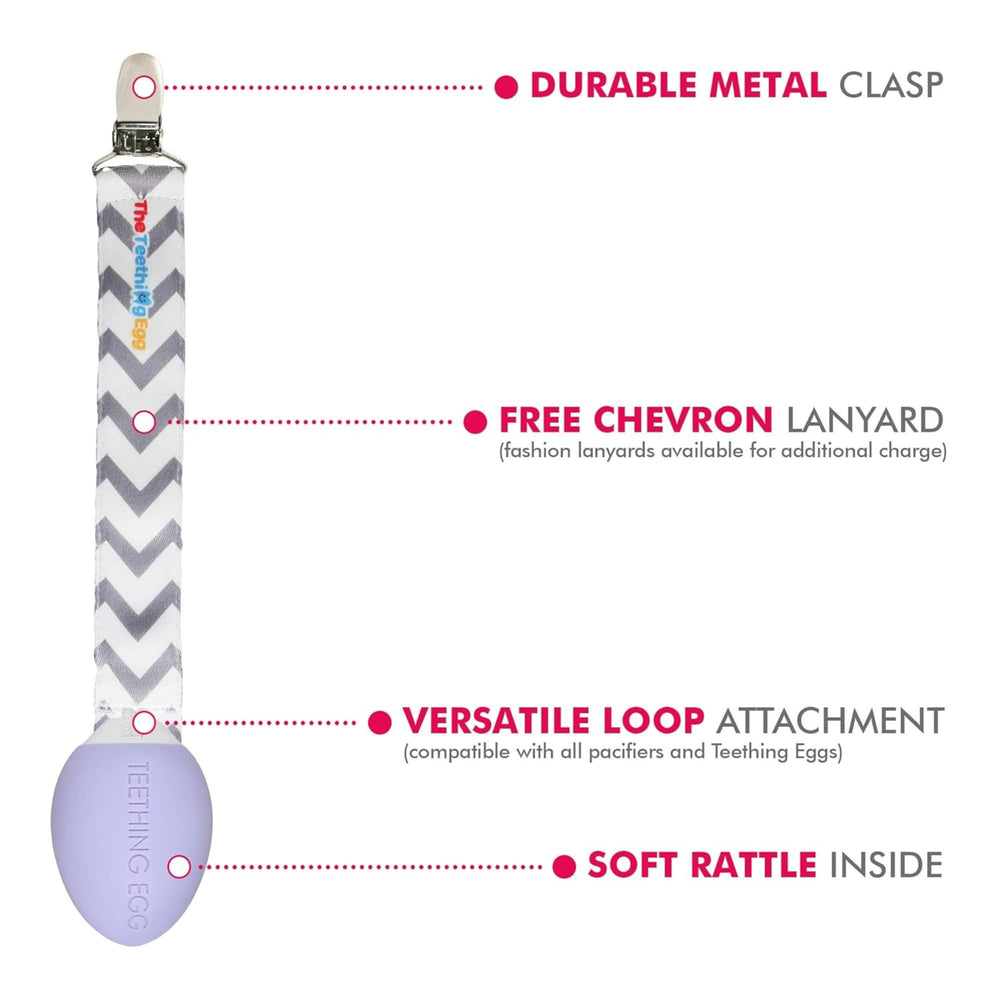 The Teething Egg lanyard clip keeps the teether within reach