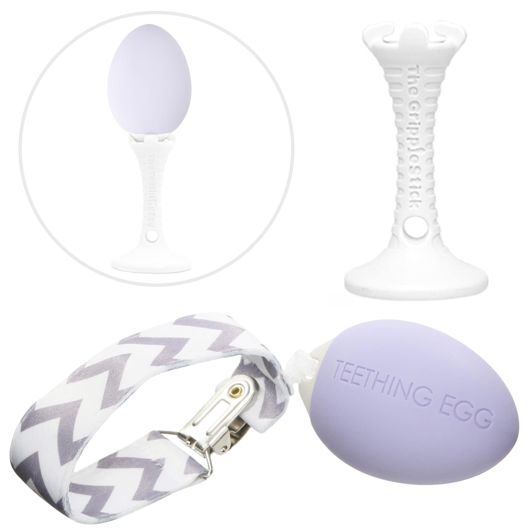 The Teething Egg lavender teether soothes teething babies during gnawing sessions