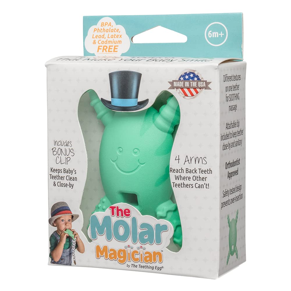 The Teething Egg Molar Magician mint close-up shows soft chew