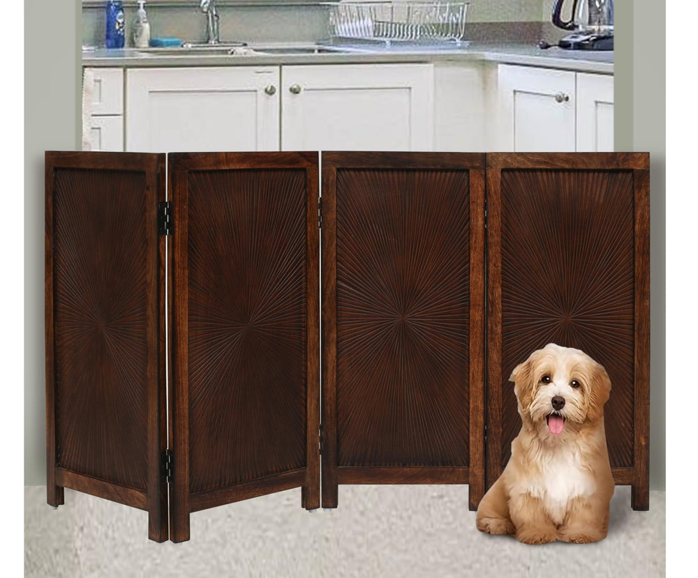 The Wooden Town pet gate in a doorway illustrates versatile indoor containment for pets.