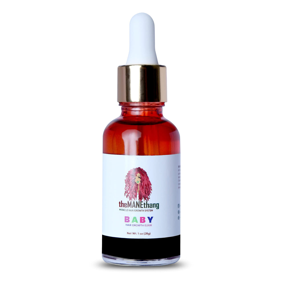 theMANEthang baby hair growth oil bottle demonstrates a gentle, chemical-free formula for newborn care.