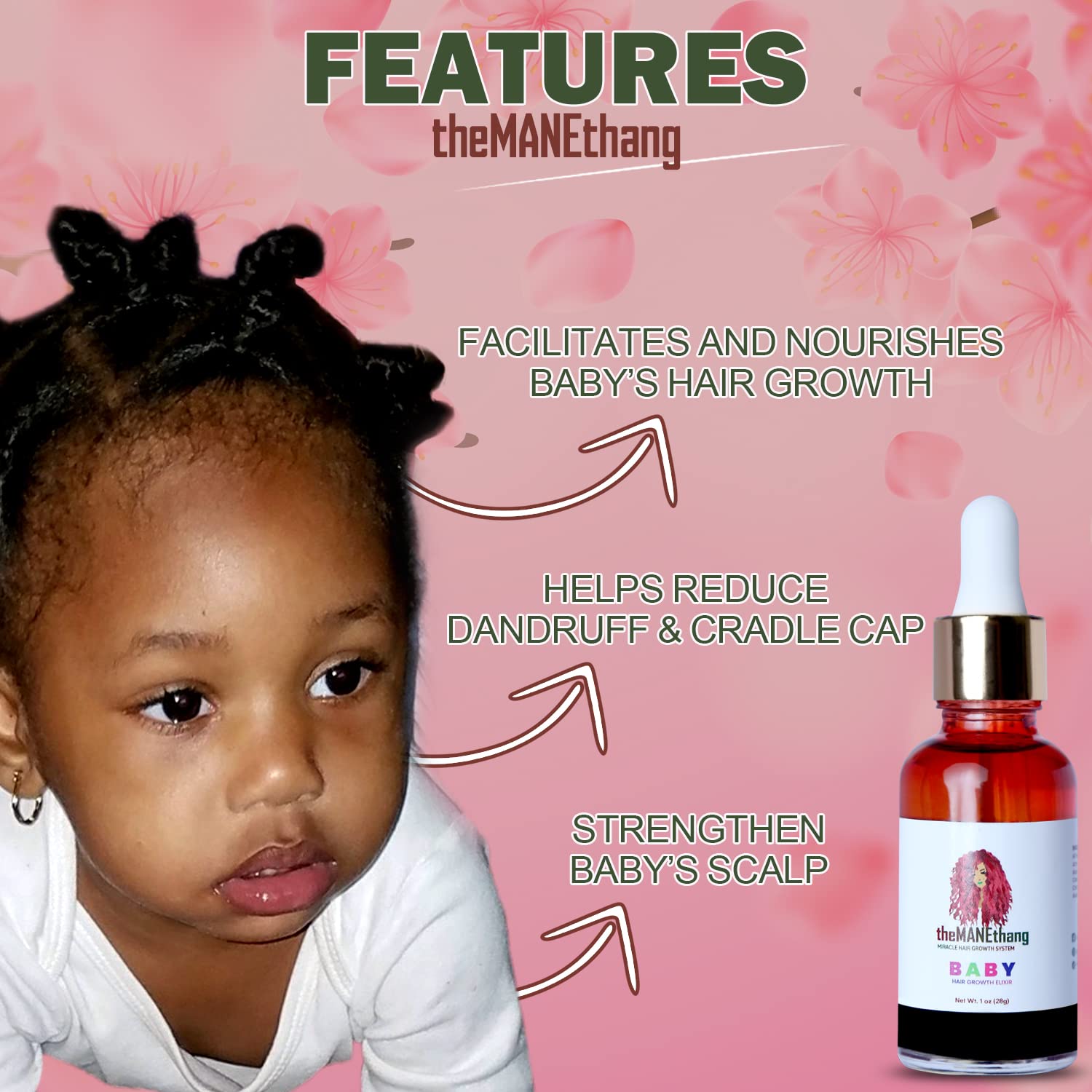 theMANEthang ingredients label highlights coconut, tea tree, castor, and alma oils for scalp nourishment.