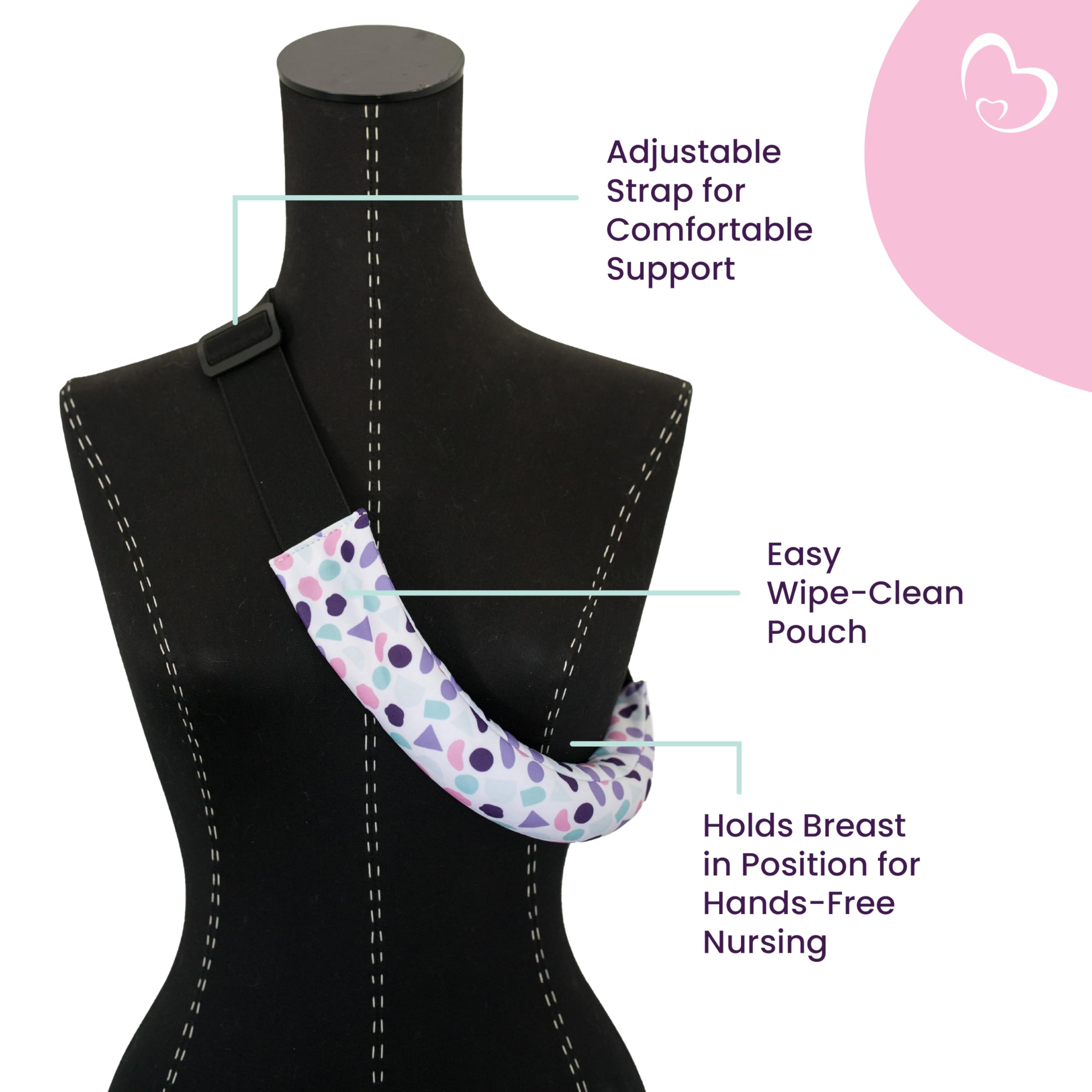 The Nuzzi in-use image demonstrates a stable hand-free nursing setup.