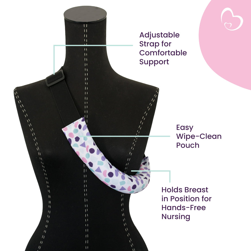 The Nuzzi in-use image demonstrates a stable hand-free nursing setup.