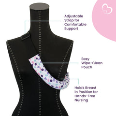 The Nuzzi in-use image demonstrates a stable hand-free nursing setup.
