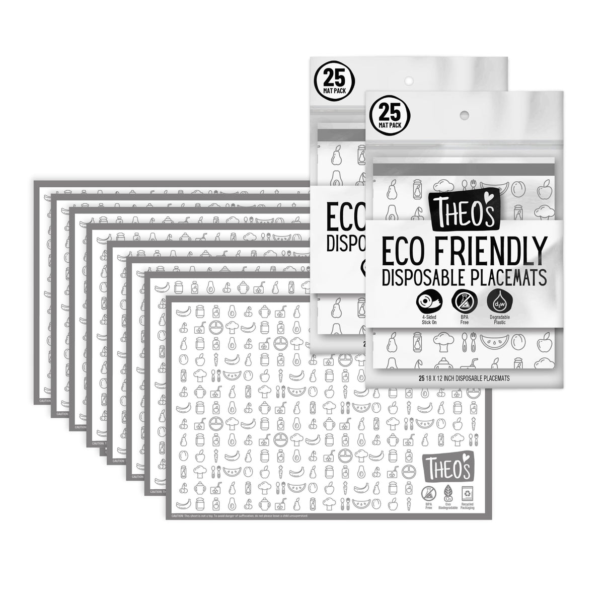 THEO'S 50-pack stick-on table mats pack shot for clean meals