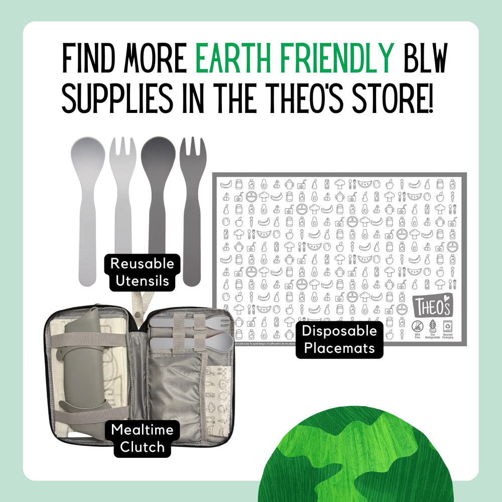 THEO'S MATS disposable surface helps contain spills and crumbs for faster cleanup.