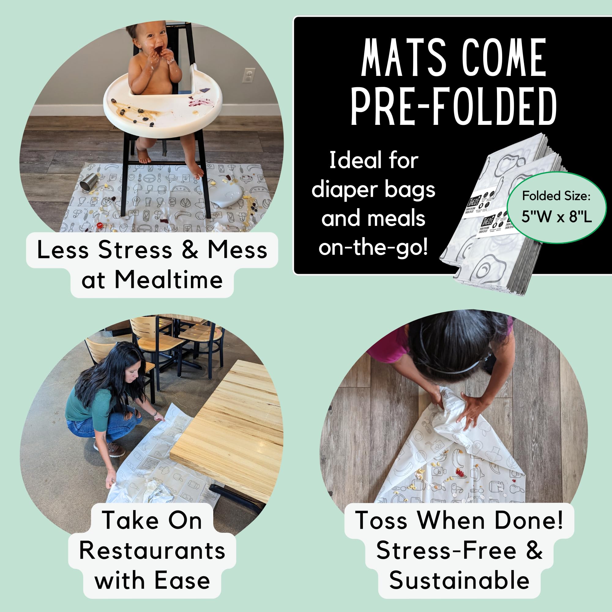 THEO'S MATS under high chair setup catching spills to simplify floor cleanup