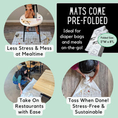 THEO'S MATS under high chair setup catching spills to simplify floor cleanup