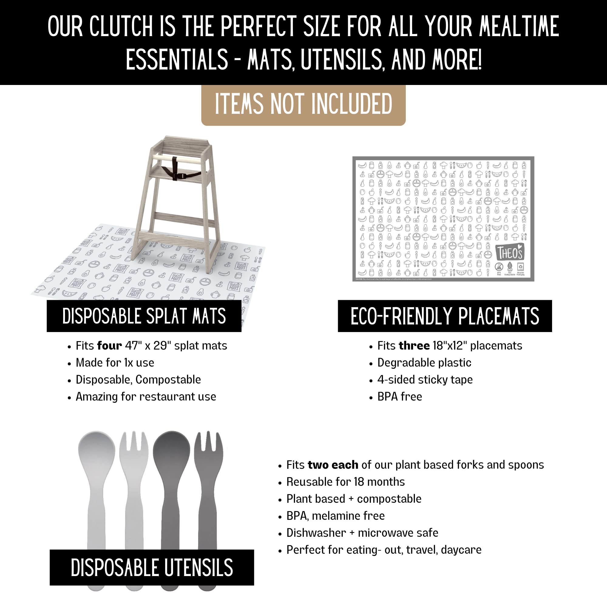 THEO'S Mealtime Clutch disposable splat mats stored for quick cleanup.