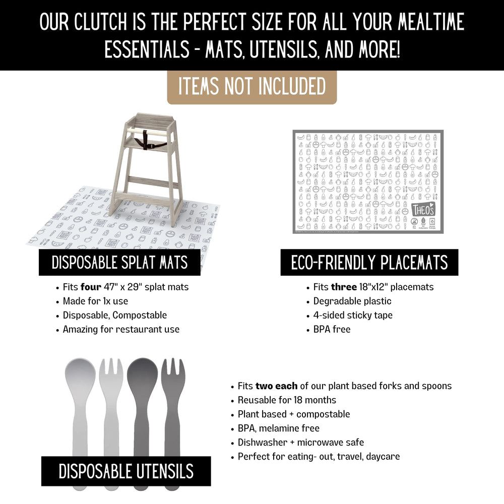 THEO'S Mealtime Clutch disposable splat mats stored for quick cleanup.