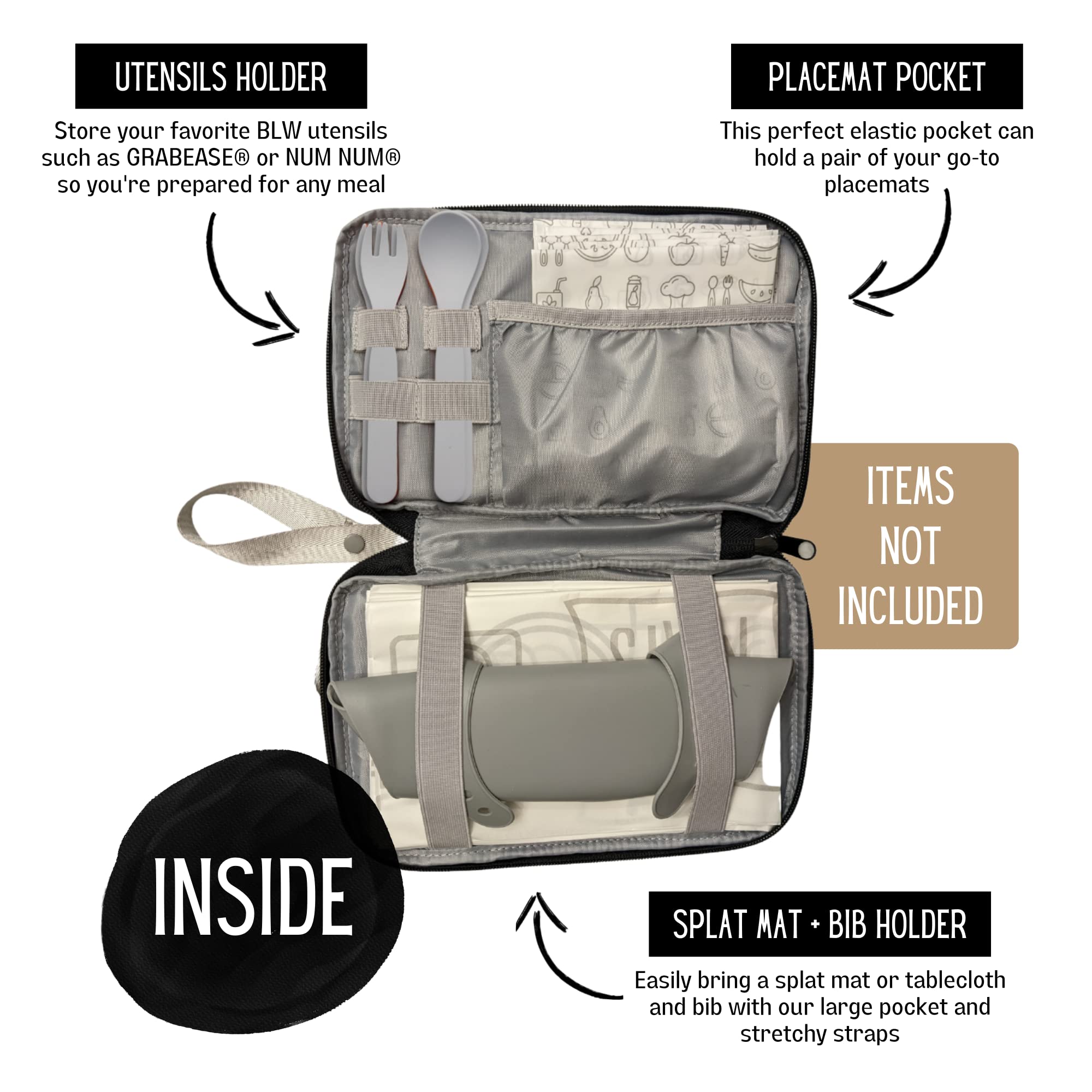 THEO'S Mealtime Clutch placemat pocket stores mats for tidy mealtime setups.