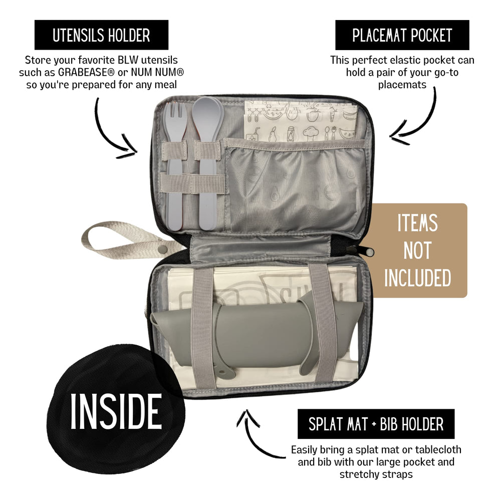 THEO'S Mealtime Clutch placemat pocket stores mats for tidy mealtime setups.