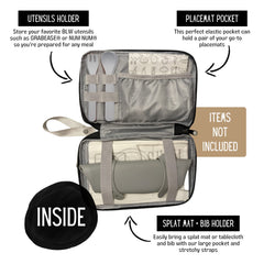 THEO'S Mealtime Clutch placemat pocket stores mats for tidy mealtime setups.