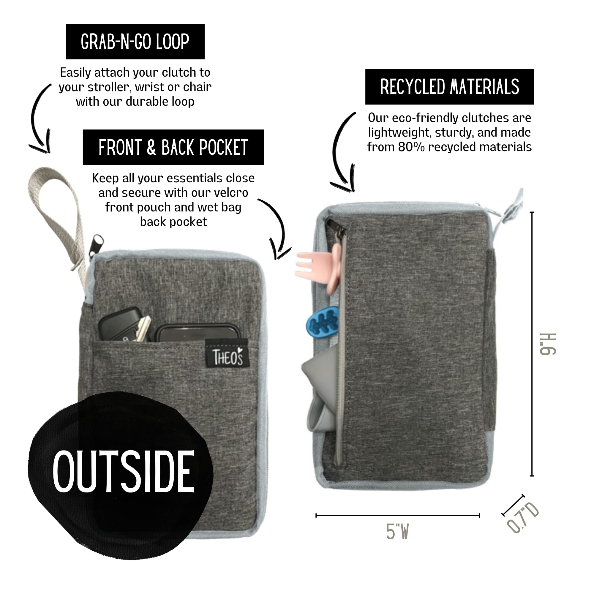THEO'S Mealtime Clutch utensil loops keep feeding tools neatly organized during dining.