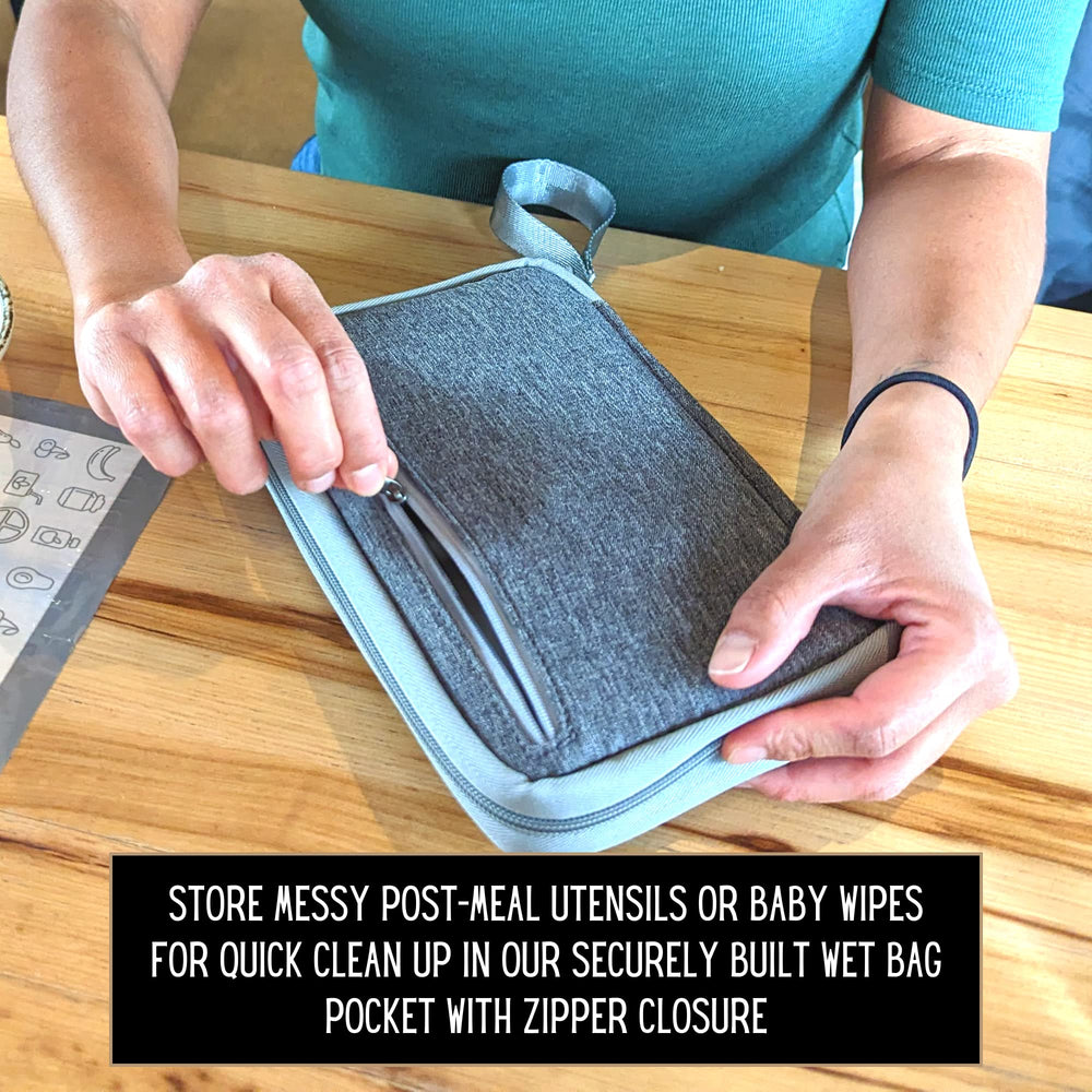 THEO'S Mealtime Clutch wet bag pocket keeps wipes or bibs ready.