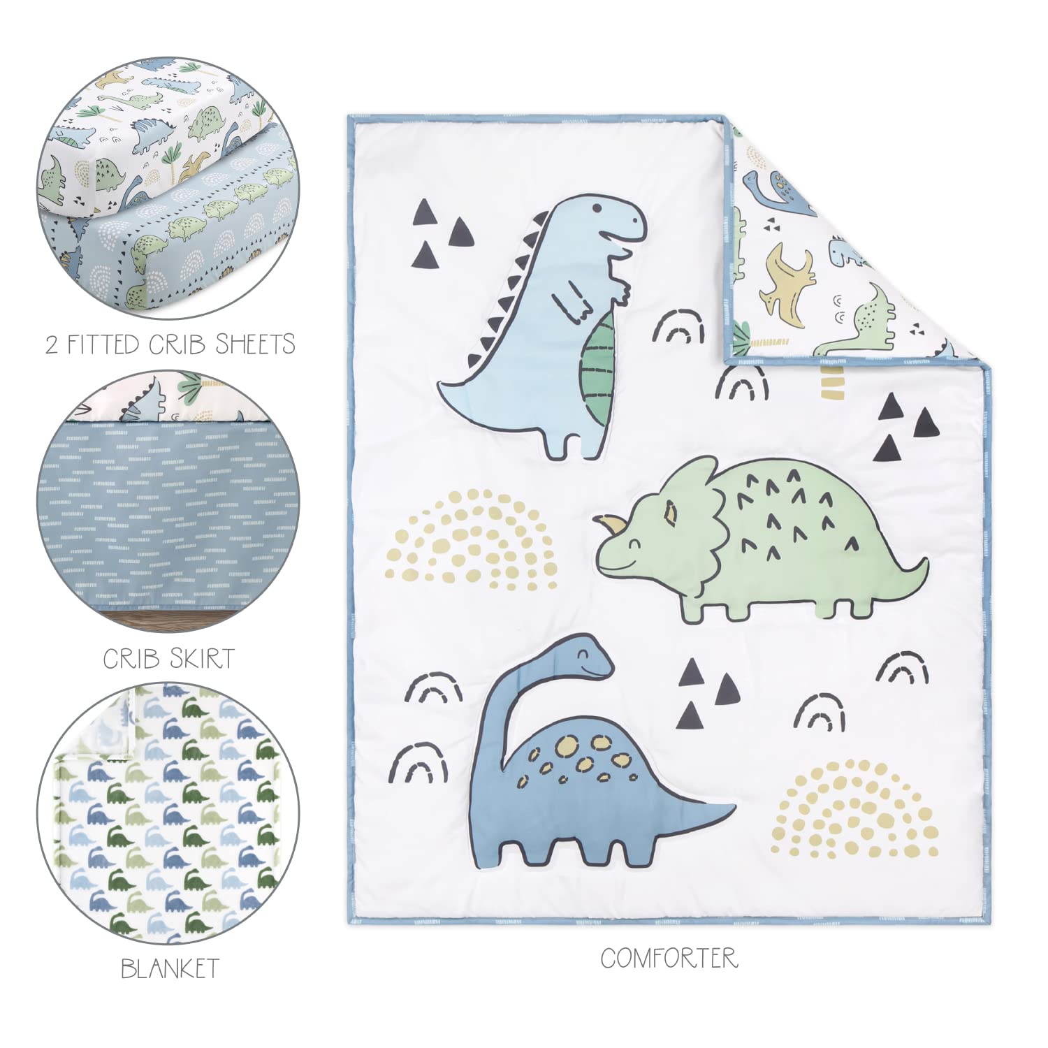 The Peanutshell blue dino fitted sheet shows a secure crib fit for daily use.