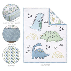 The Peanutshell blue dino fitted sheet shows a secure crib fit for daily use.