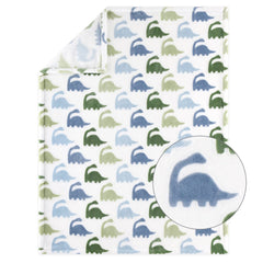 The Peanutshell blue dino velour blanket adds soft warmth for cuddles.