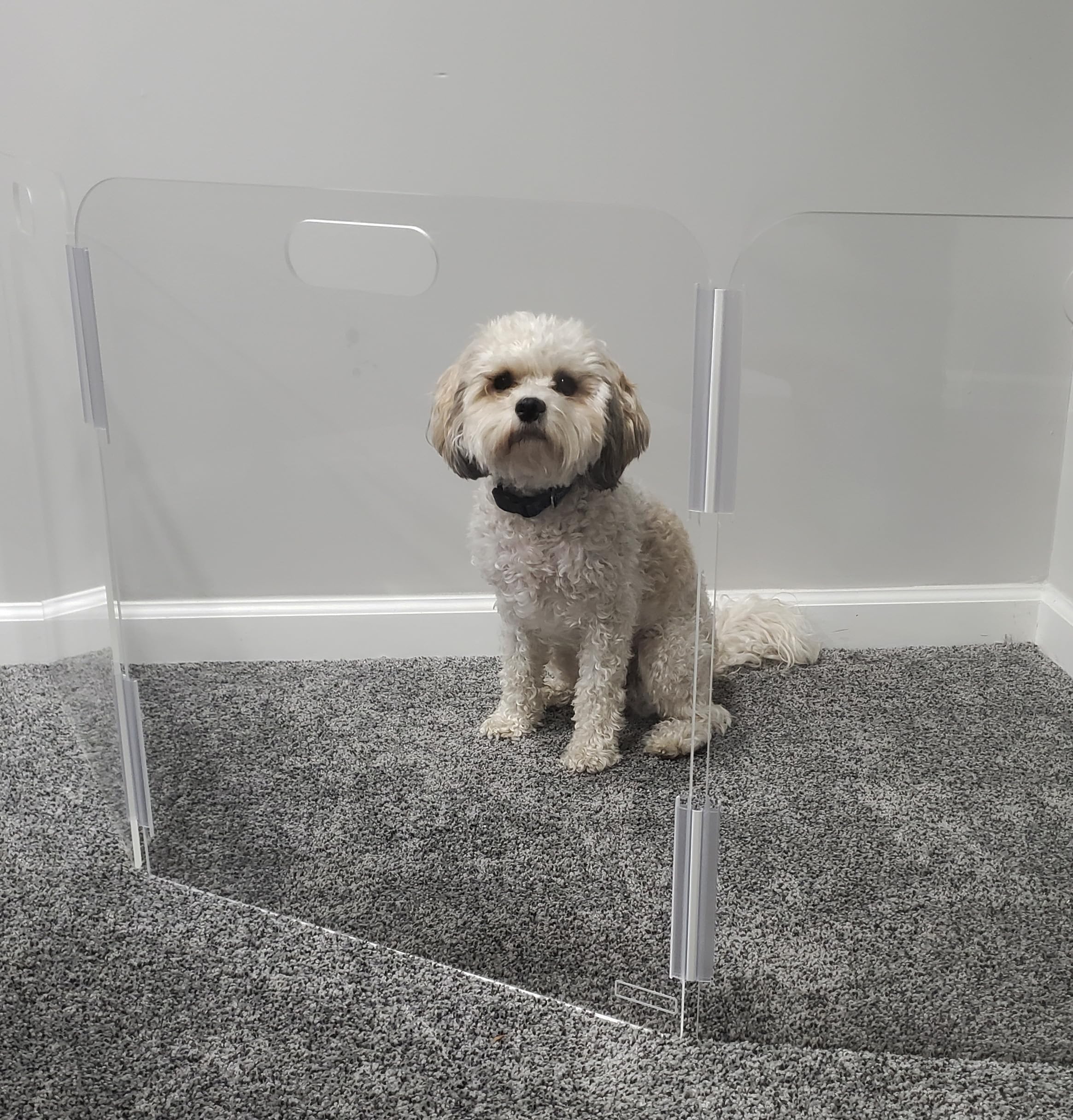 Therafin Pet Barrier expandable panels adapt to room width.