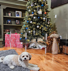 Therafin Pet Barrier free-standing gate blends with dining room decor for pet-free zones.