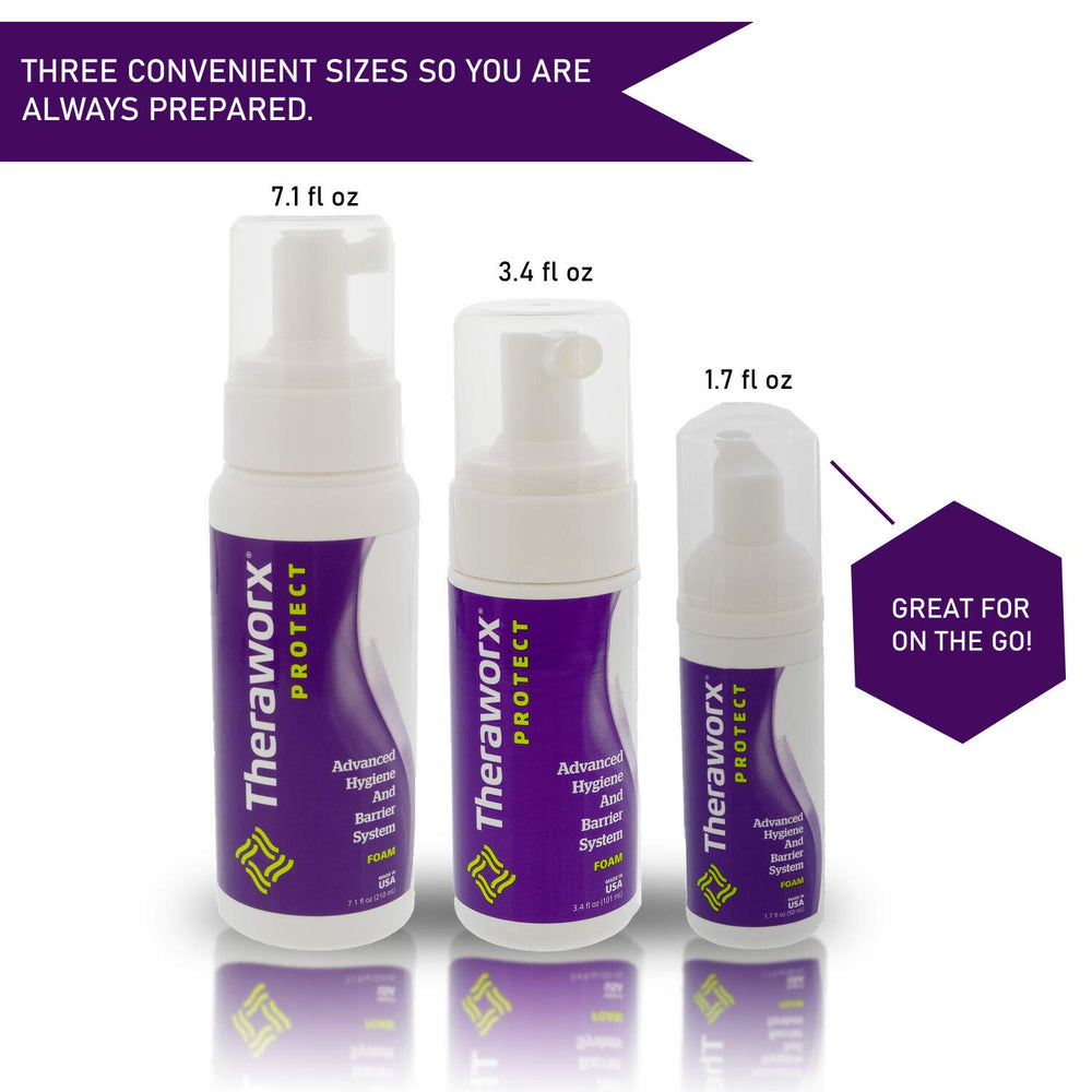 THERAWORX PROTECT foam application on hands demonstrates gentle cleansing.