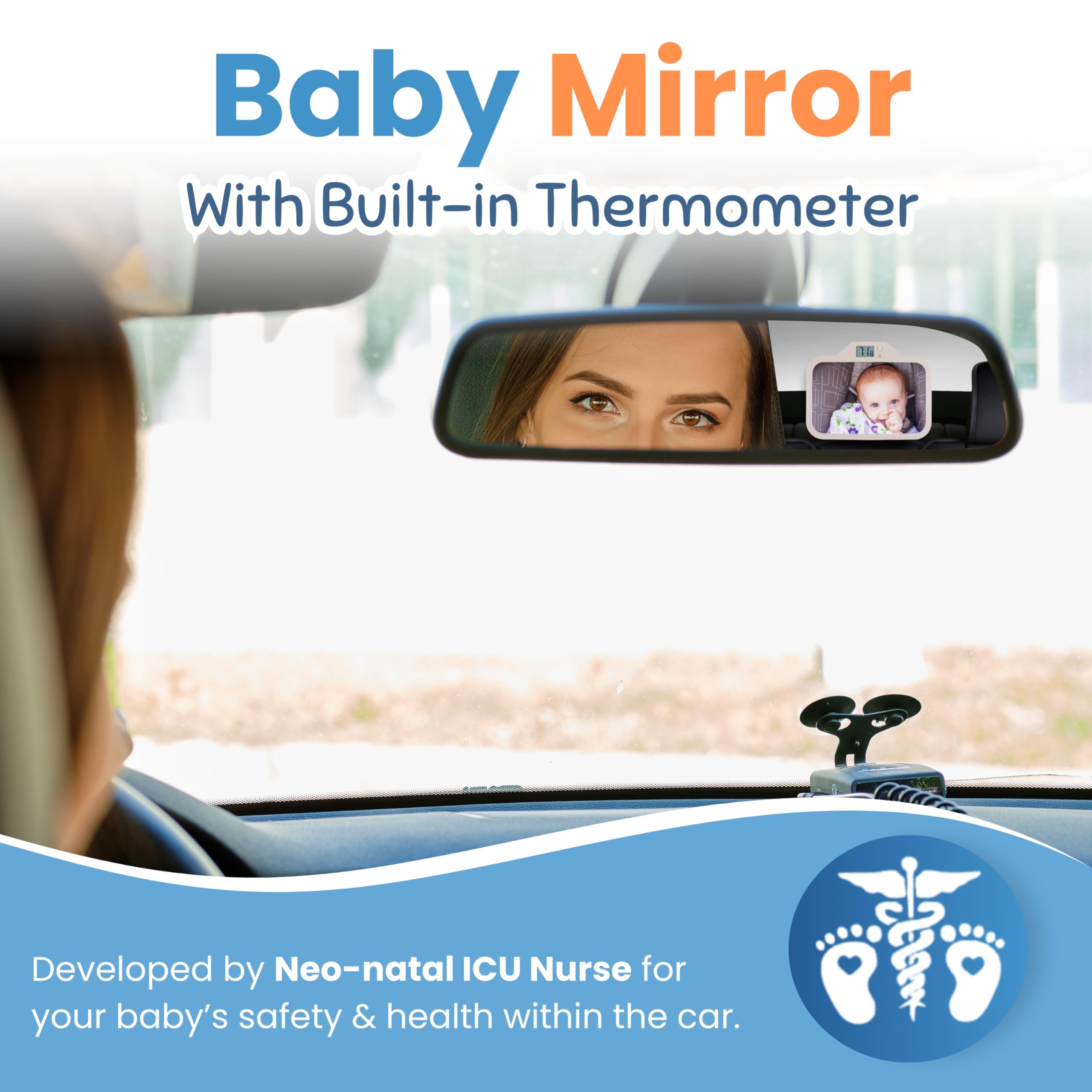 THERMOMIRROR rear-facing mirror wide view keeps your newborn clearly in frame for safer trips
