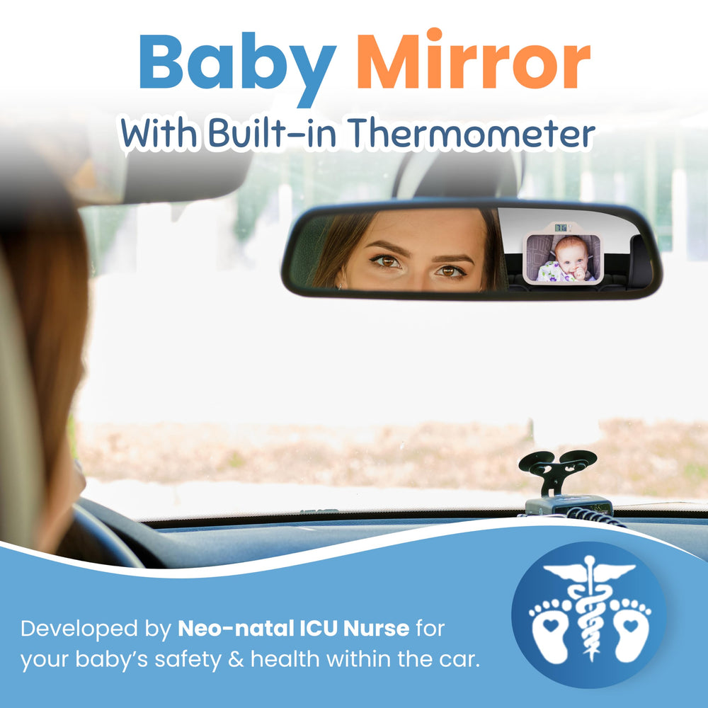 THERMOMIRROR rear-facing mirror wide view keeps your newborn clearly in frame for safer trips
