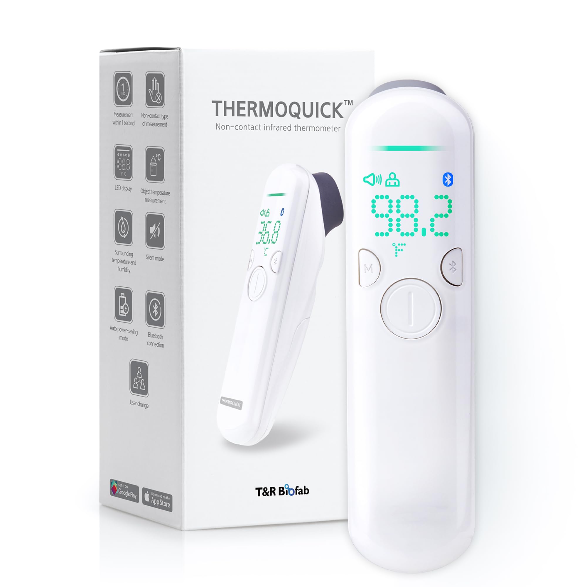 ThermoQuick no-touch forehead thermometer with LED display for quick fever checks in the dark.