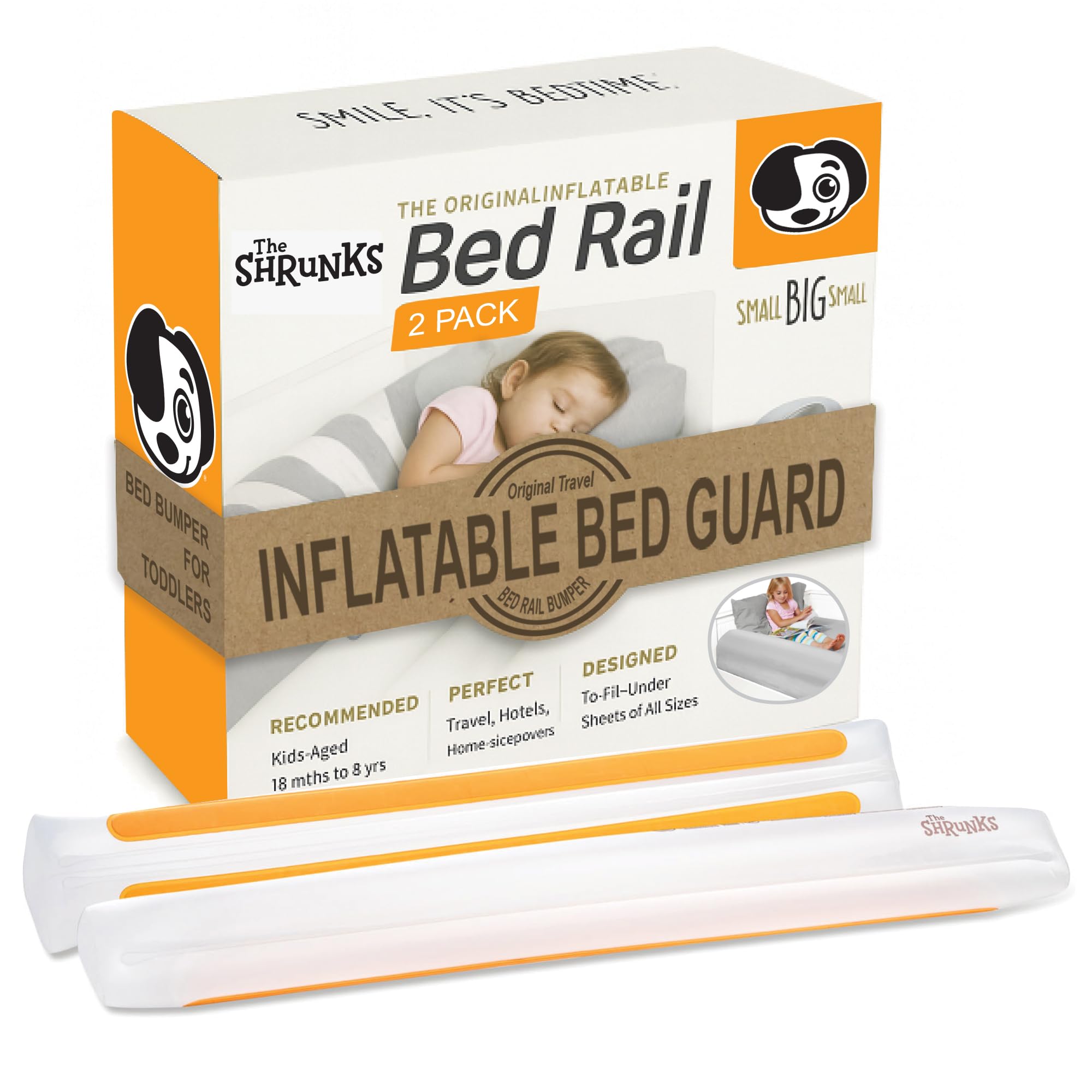 The Shrunks inflatable bed rail setup with two rails for travel safety