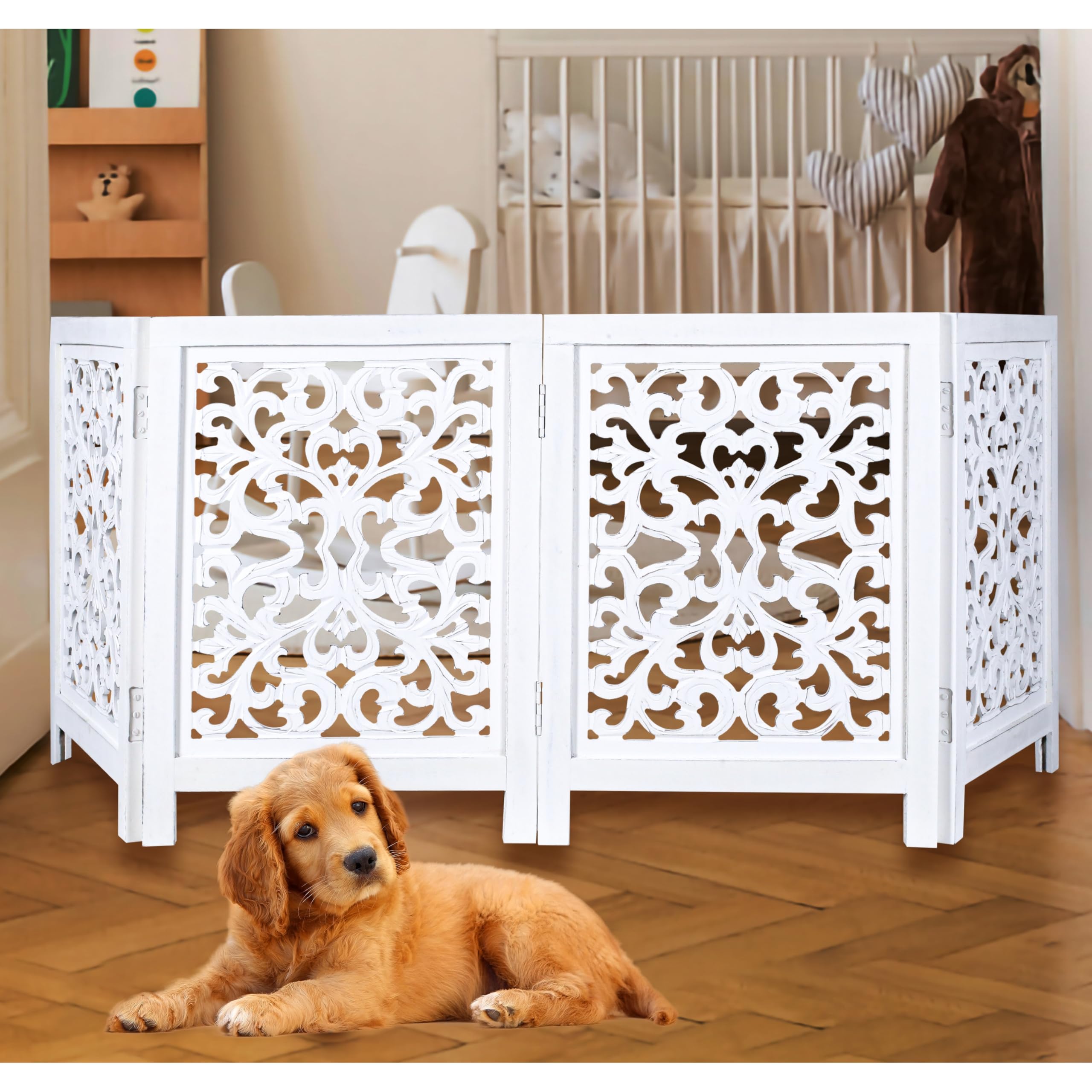 The Wooden Town free-standing dog gate fully assembled for easy room separation.
