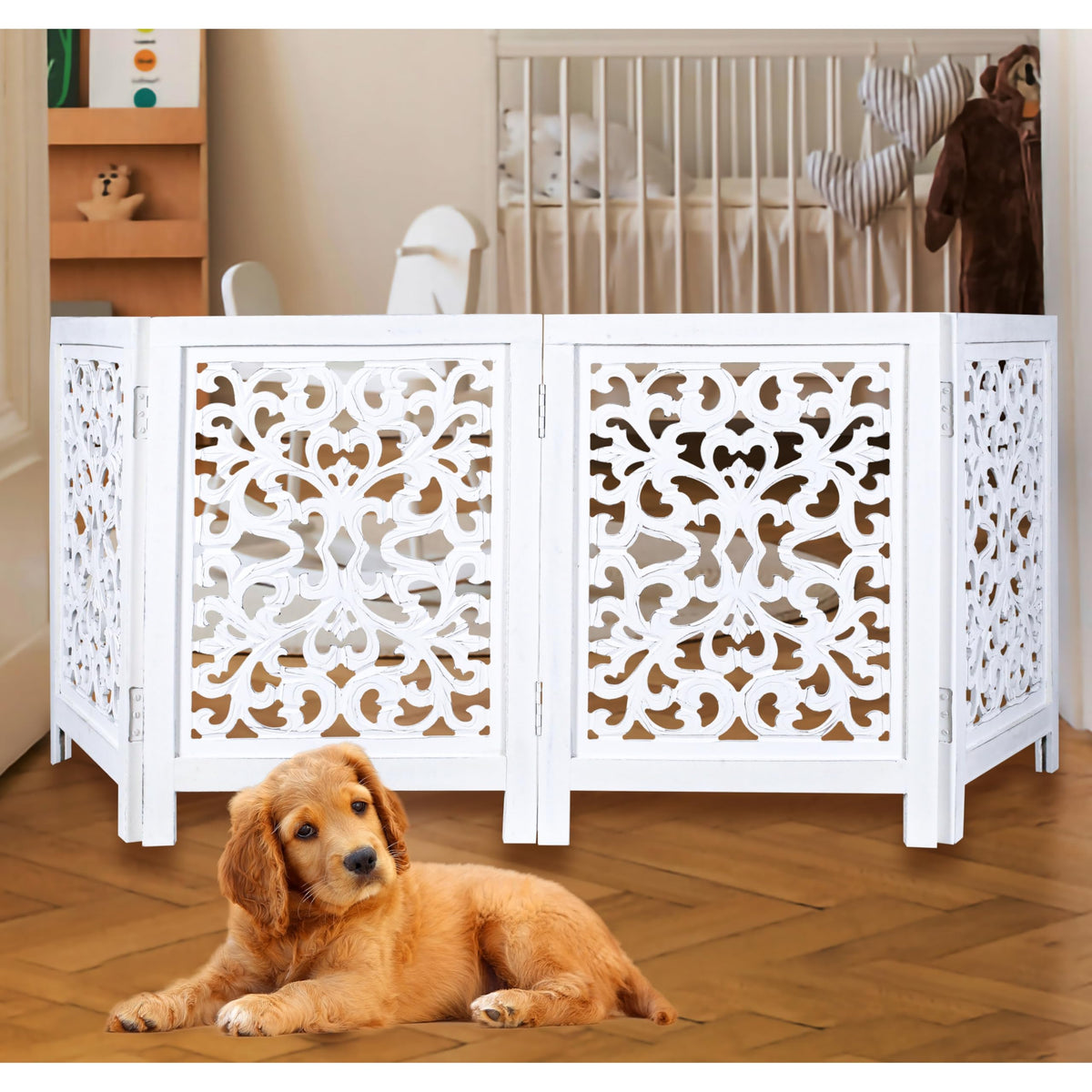The Wooden Town free-standing dog gate fully assembled for easy room separation.