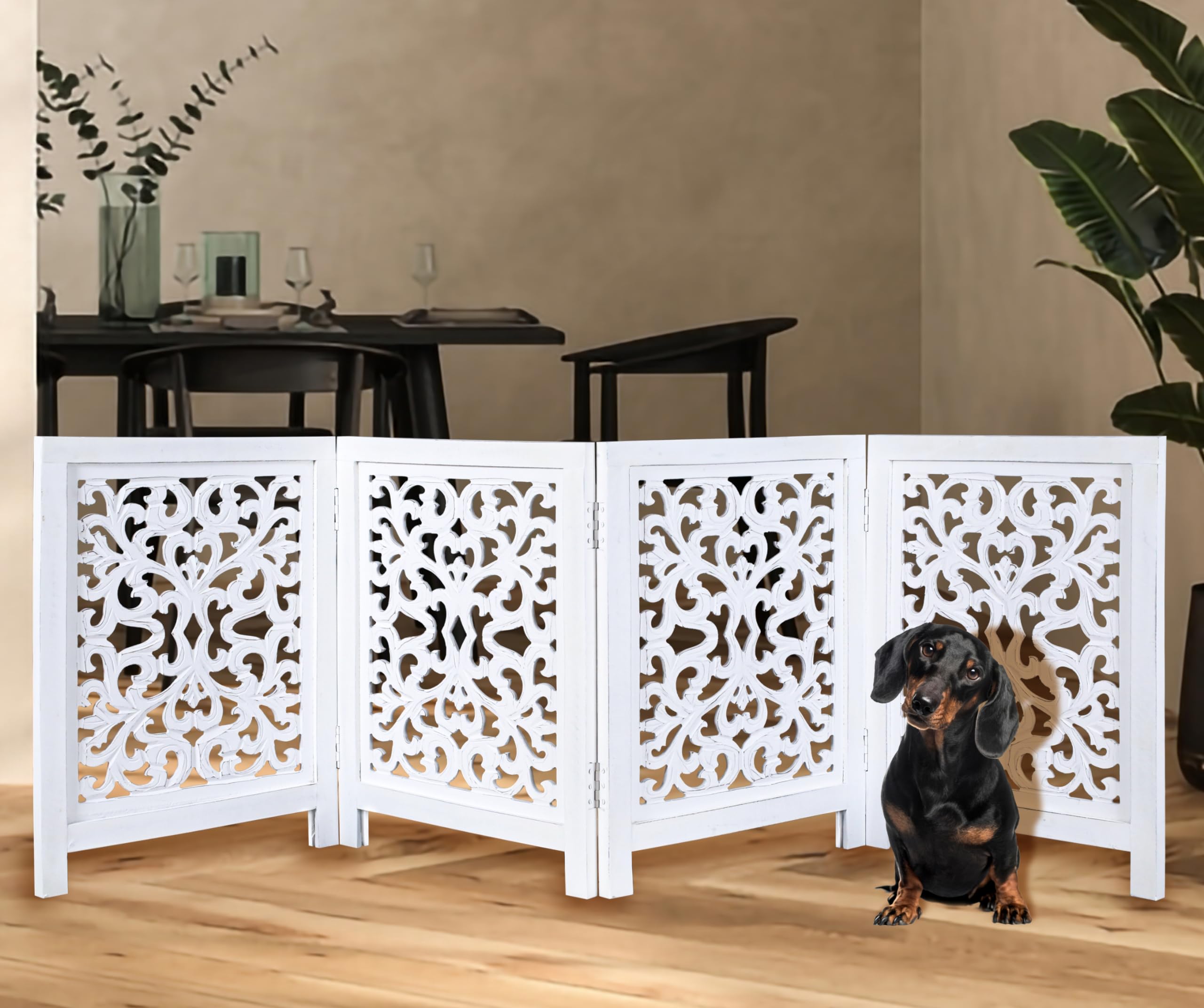 The Wooden Town portable pet gate made of wood and MDF materials.