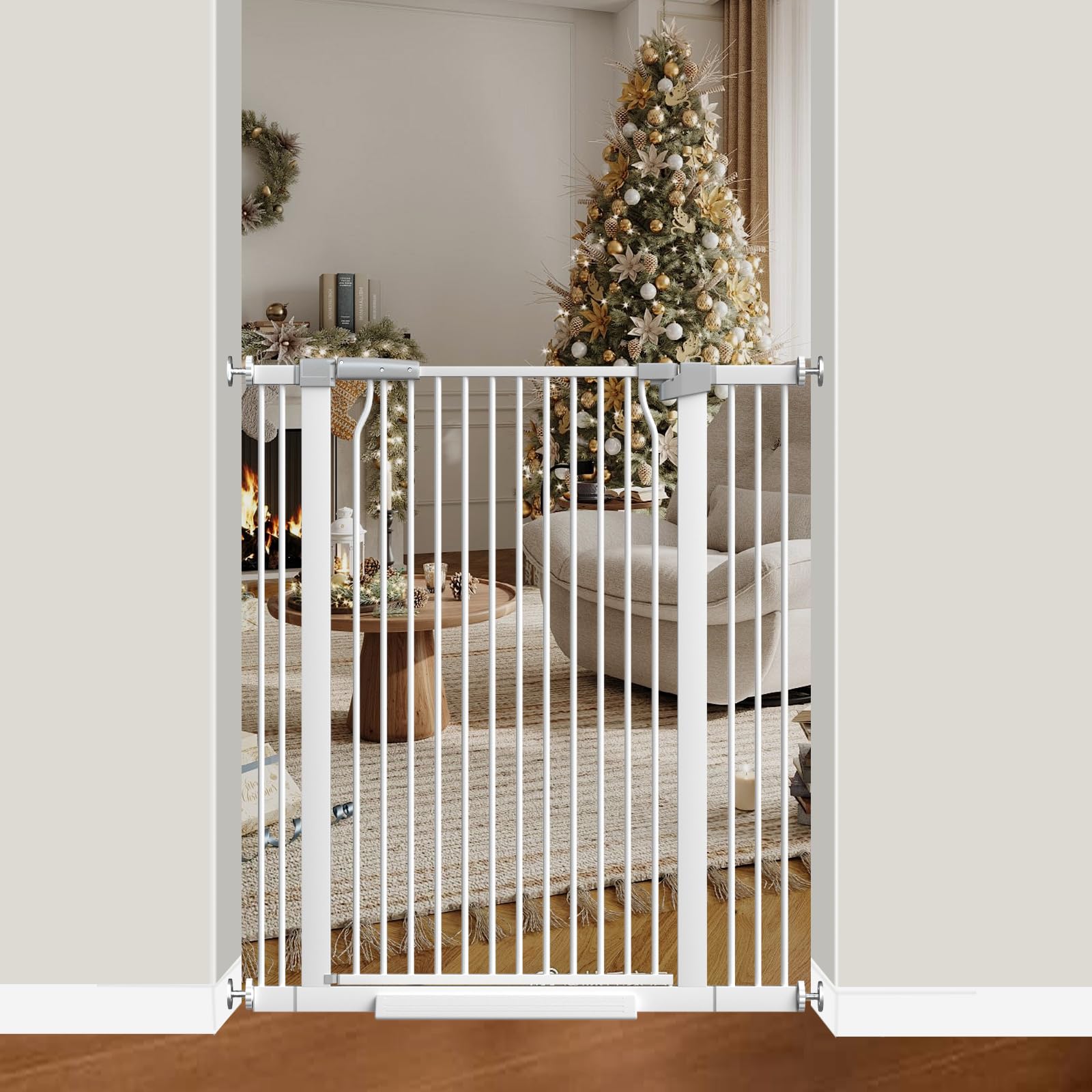 THEYFIRST 41in gate lock close-up showing secure one-handed operation and child safety.
