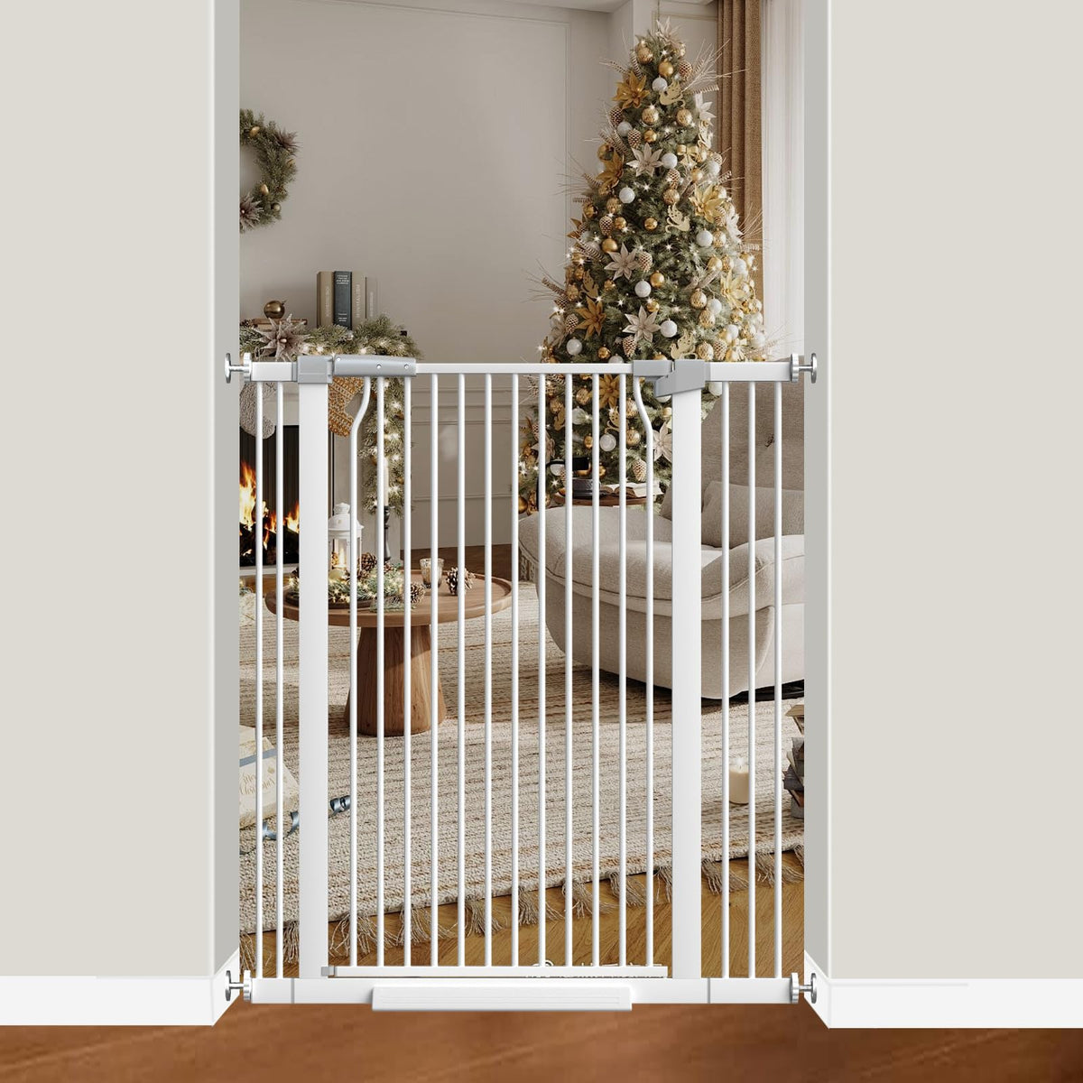 THEYFIRST 41in gate lock close-up showing secure one-handed operation and child safety.