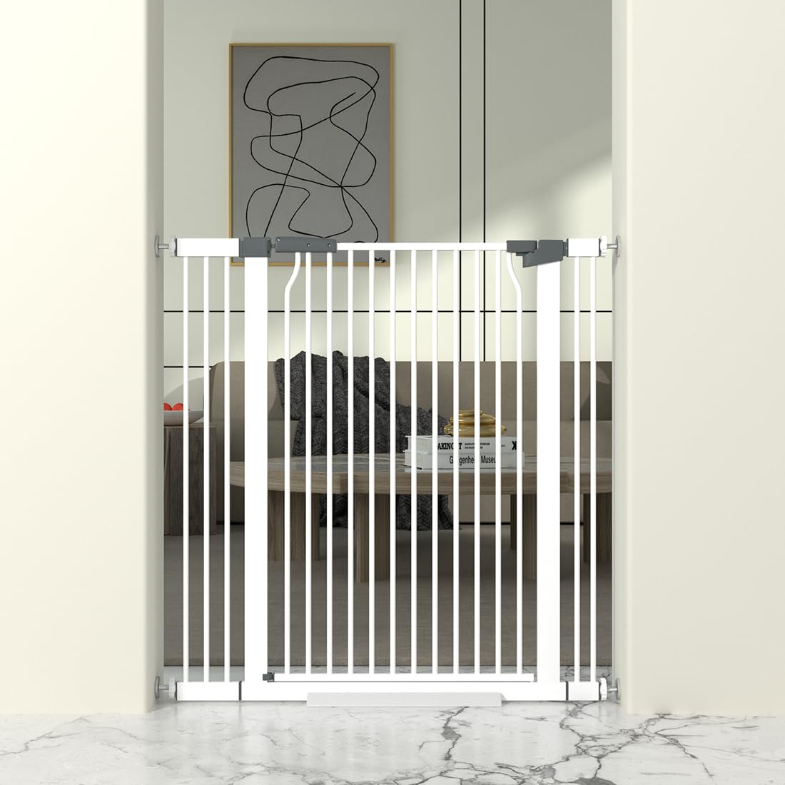 THEYFIRST 41-inch gate in doorway for child and pet safety.