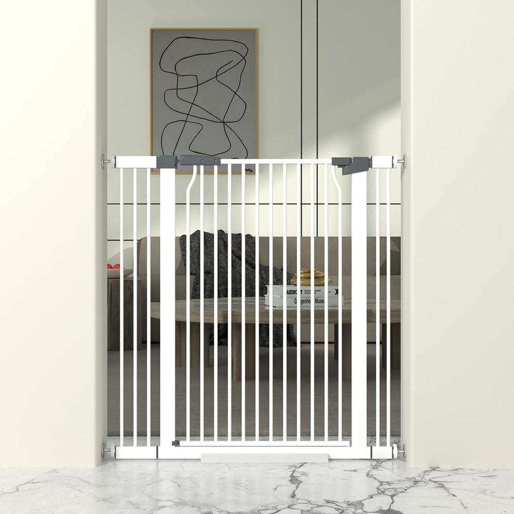 THEYFIRST 41-inch gate in doorway for child and pet safety.
