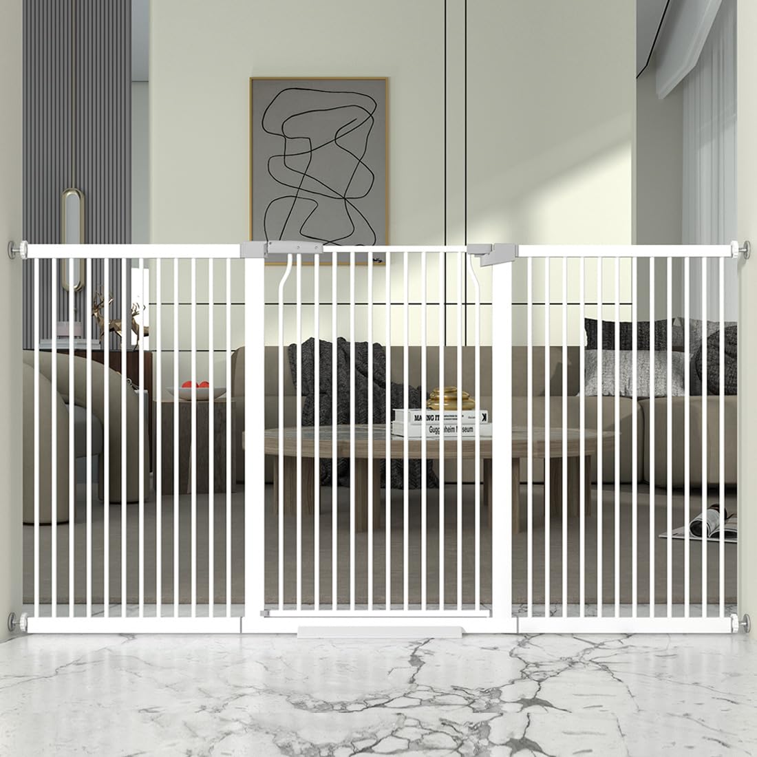 THEYFIRST 41-inch extra tall gate, closed securely by a metal latch for pets and kids.