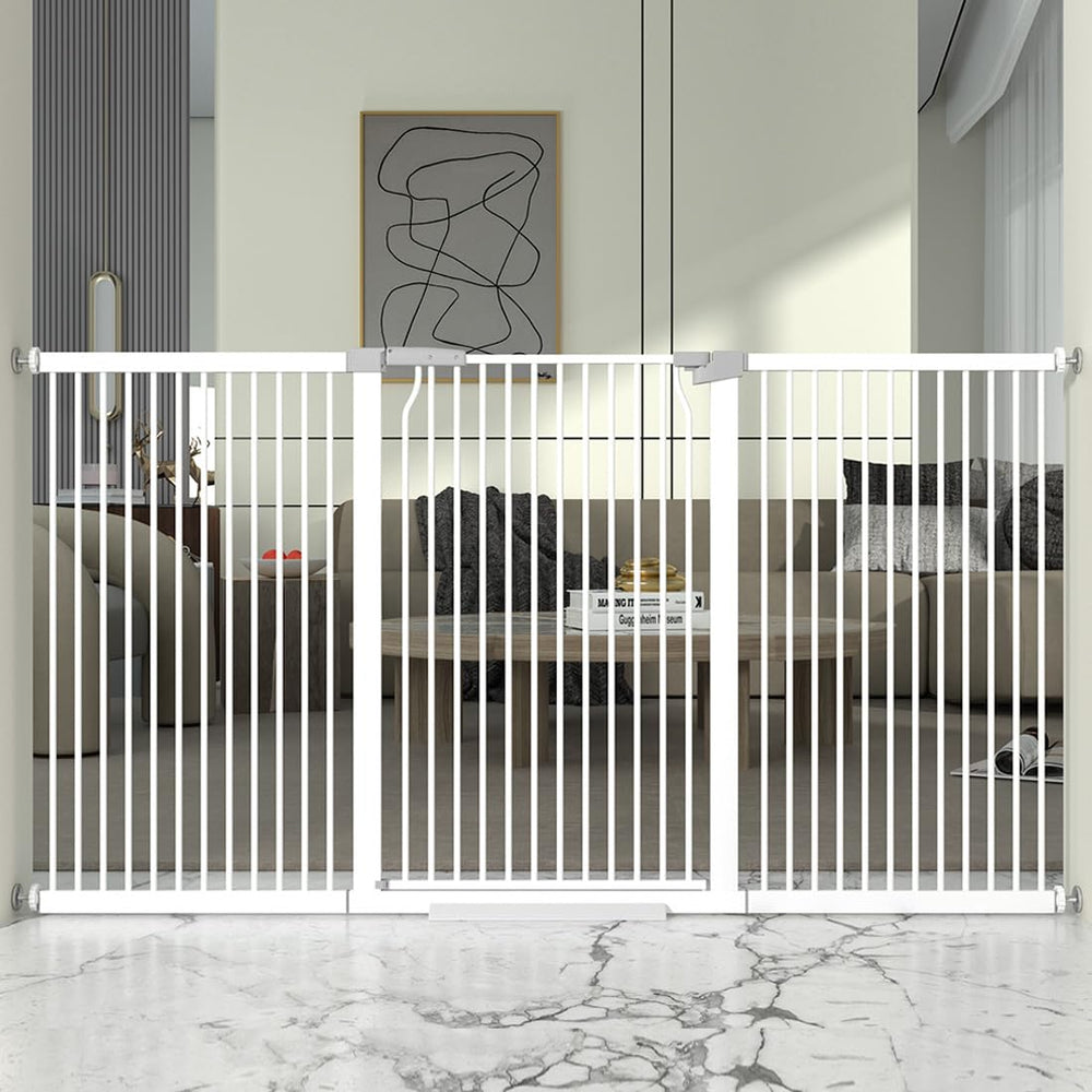 THEYFIRST 41-inch extra tall gate, closed securely by a metal latch for pets and kids.