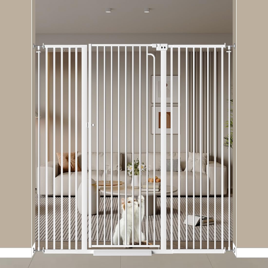 TheyFirst 57-inch extra tall pet gate in doorway, creates a tall, safe barrier.