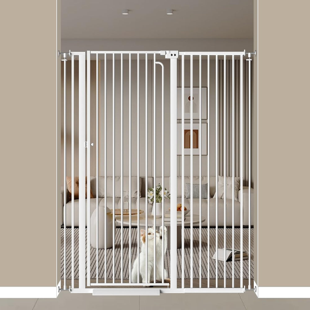 THEYFIRST 57-inch cat gate height blocks jumpy cats in doorway.