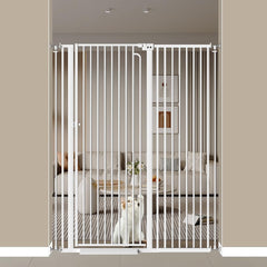 THEYFIRST 57-inch cat gate height blocks jumpy cats in doorway.